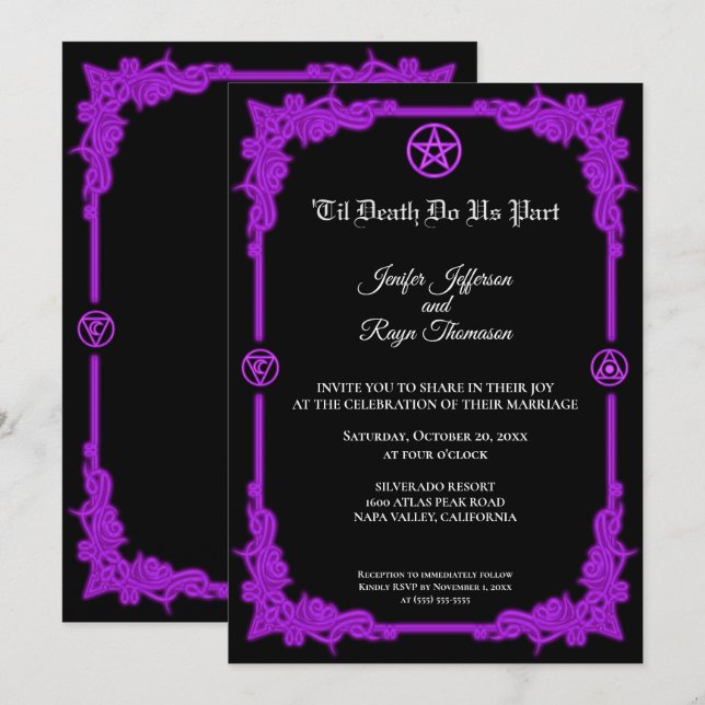 Invitación de boda gótica con brillo morado brujo (Anverso / Reverso)