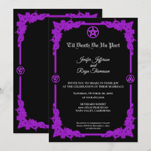 Invitación de boda gótica con brillo púrpura mágic