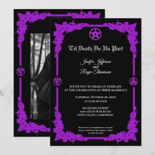 Invitación de boda gótica con brillo púrpura mágic