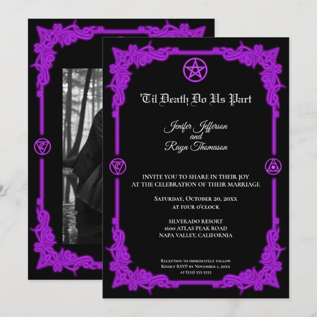 Invitación de boda gótica con brillo púrpura mágic (Anverso / Reverso)