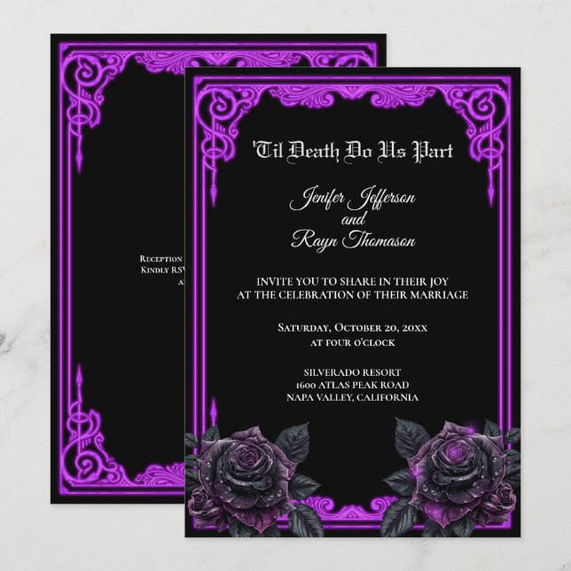 Invitación de boda gótica con brillo púrpura mágic (Anverso / Reverso)