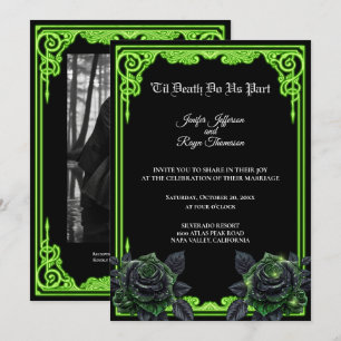 Invitación de boda gótica con brillo verde brujo