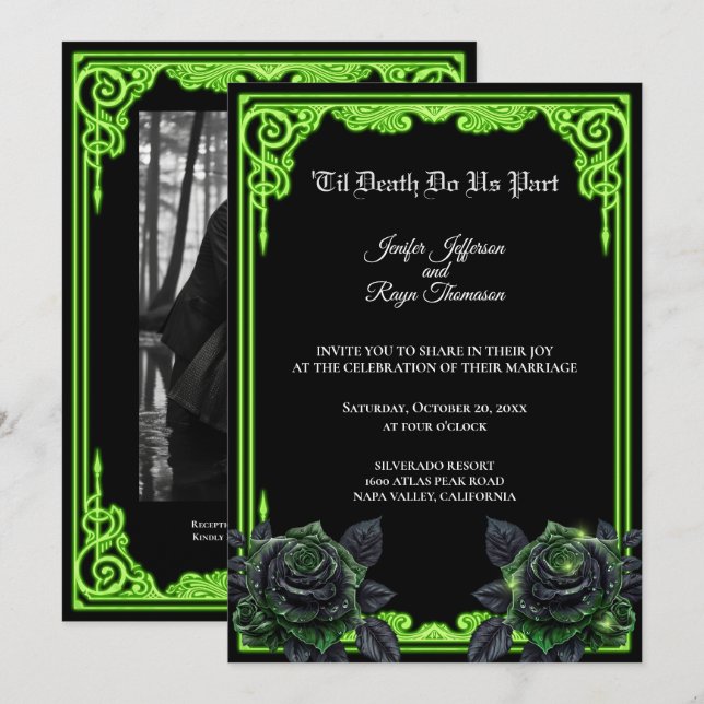 Invitación de boda gótica con brillo verde brujo (Anverso / Reverso)