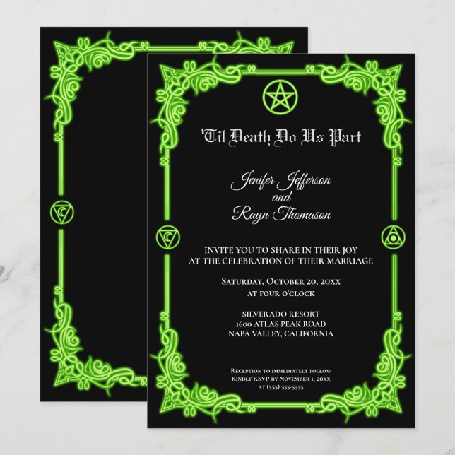 Invitación de boda gótica con brillo verde brujo (Anverso / Reverso)
