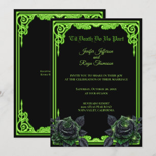 Invitación de boda gótica con brillo verde neón