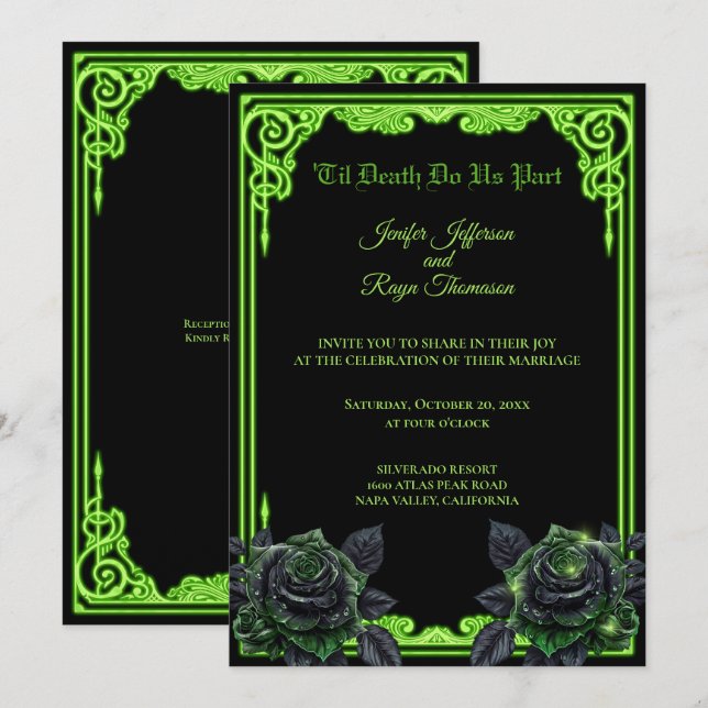 Invitación de boda gótica con brillo verde neón (Anverso / Reverso)