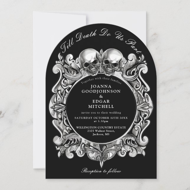 Invitación de boda gótica con calaveras monograma  (Anverso)