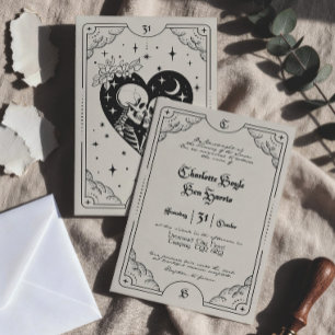 Invitación de boda gótica con carta de tarot crema