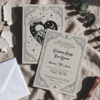 Invitación de boda gótica con carta de tarot crema