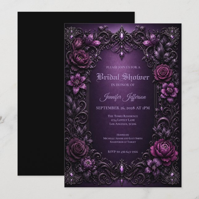 invitación de boda gótica con flores púrpuras (Anverso / Reverso)