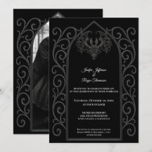 Invitación de boda gótica con foto de borde orname