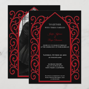 Invitación de boda gótica con foto de borde rojo o
