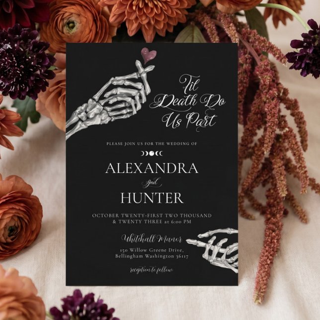 Invitación de boda gótica con manos de esqueleto a (Til Death Watercolor Skeleton Hands Gothic Wedding Invitation)