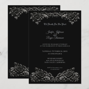 Invitación de boda gótica con rosas blancas y negr
