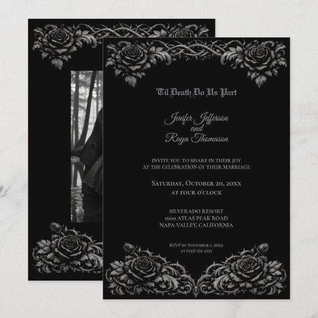 Invitación de boda gótica con rosas blancas y negr (Anverso / Reverso)