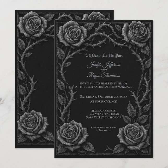 Invitación de boda gótica con rosas blancas y negr (Anverso / Reverso)