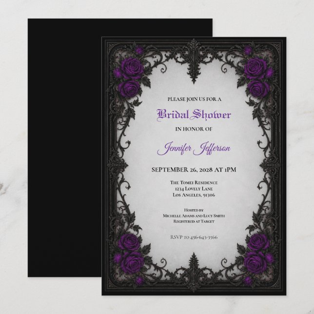 invitación de boda gótica con rosas púrpuras (Anverso / Reverso)