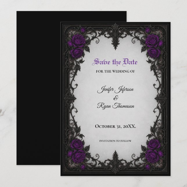Invitación de boda gótica con rosas púrpuras para  (Anverso / Reverso)