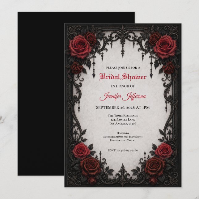 invitación de boda gótica con rosas rojas (Anverso / Reverso)