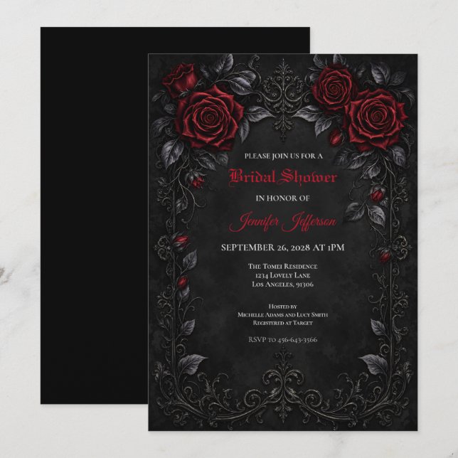 invitación de boda gótica con rosas rojas (Anverso / Reverso)