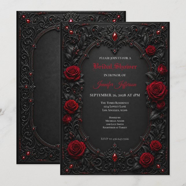 invitación de boda gótica con rosas rojas (Anverso / Reverso)