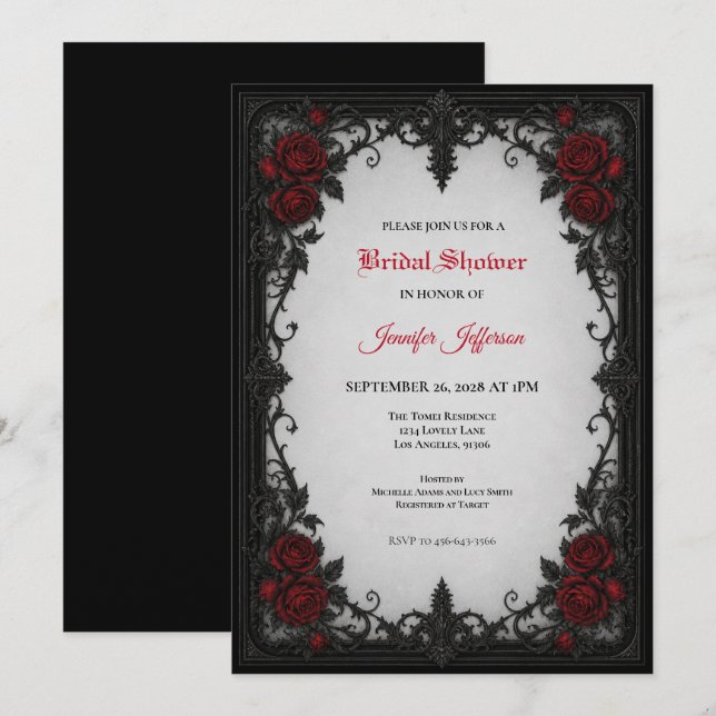 invitación de boda gótica con rosas rojas (Anverso / Reverso)