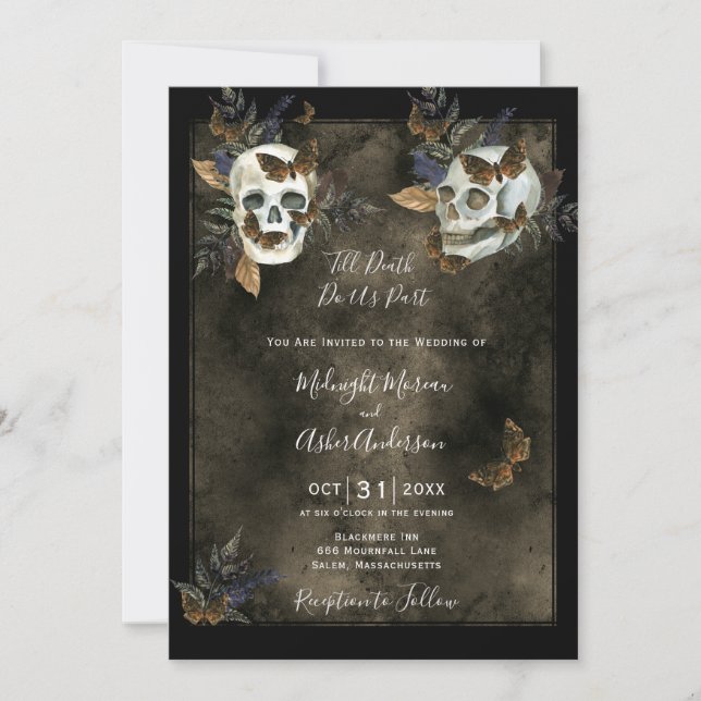 Invitación de boda gótica de calaveras Hasta que l (Anverso)