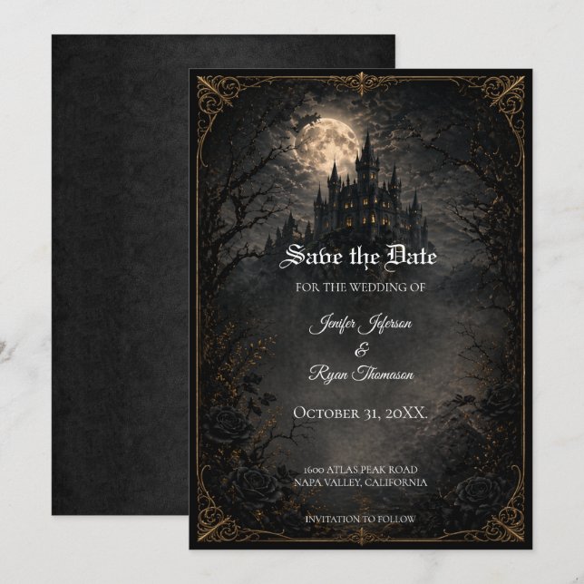 invitación de boda gótica de castillo para guardar (Anverso / Reverso)