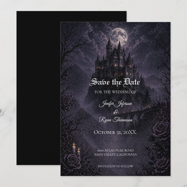 invitación de boda gótica de castillo para guardar (Anverso / Reverso)