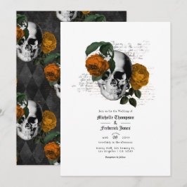 Invitación de boda gótica de cráneo floral naranja