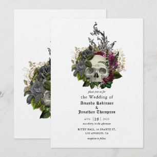 Invitación de boda gótica de Halloween con cráneo