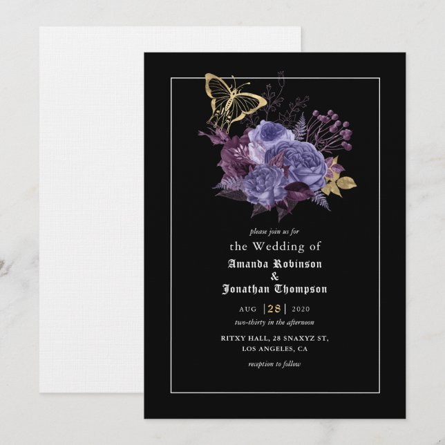 Invitación de boda gótica de Halloween floral (Anverso / Reverso)