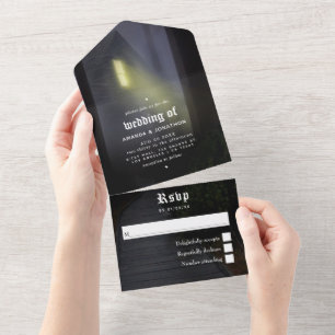 Invitación de boda gótica de Halloween todo en uno