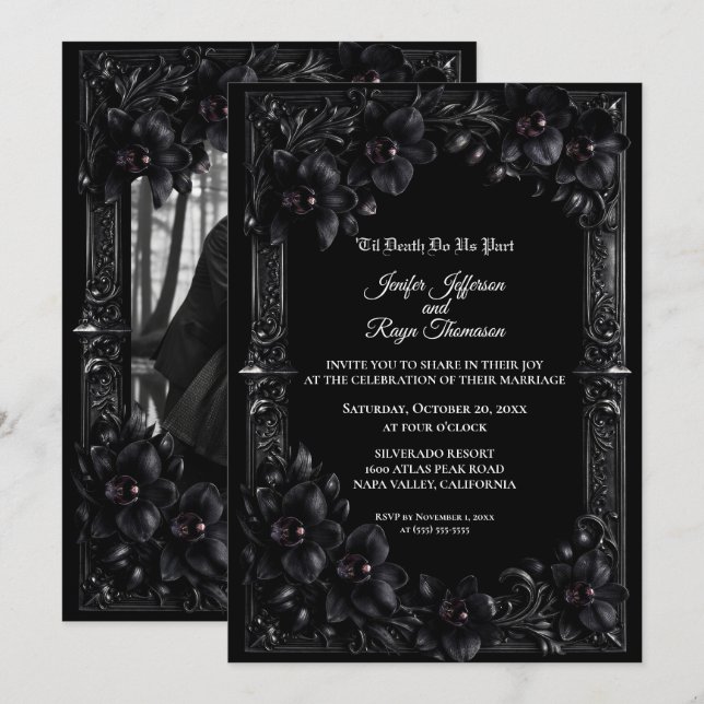 Invitación de boda gótica de orquídea negra elegan (Anverso / Reverso)