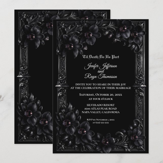 Invitación de boda gótica de orquídea negra elegan (Anverso / Reverso)