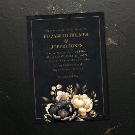 Invitación de boda gótica de peonía negra y dorada
