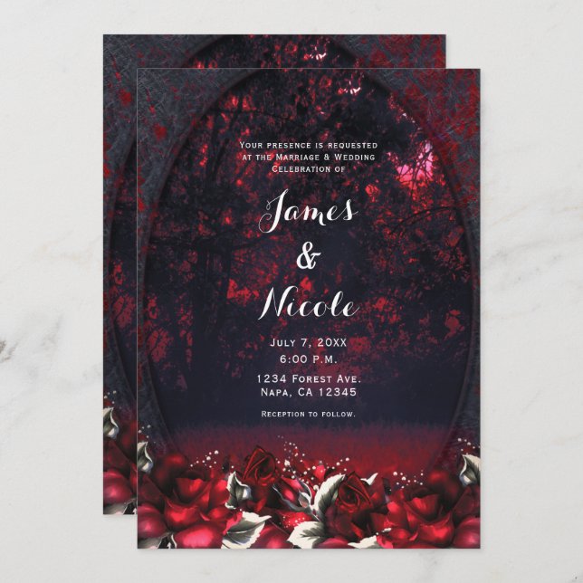 Invitación de boda gótica de rosas del bosque rojo (Anverso / Reverso)