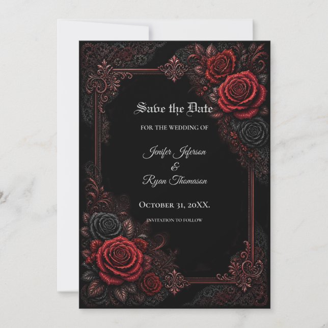 invitación de boda gótica de rosas rojas para guar (Anverso)