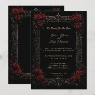 Invitación de boda gótica elegante con rosas rojas