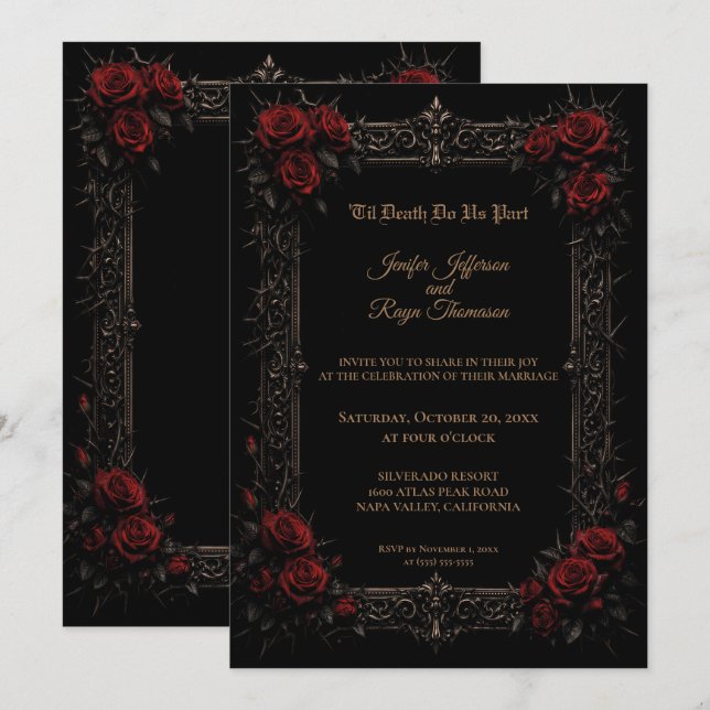 Invitación de boda gótica elegante con rosas rojas (Anverso / Reverso)