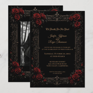 Invitación de boda gótica elegante con rosas rojas