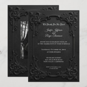 Invitación de boda gótica elegante en blanco y neg