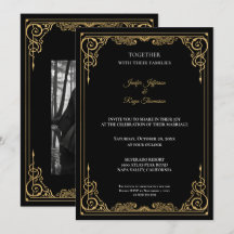 Invitación de boda gótica elegante en negro y dora