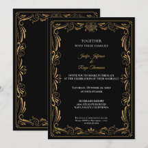 Invitación de boda gótica elegante en negro y dora