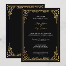 Invitación de boda gótica elegante en negro y dora