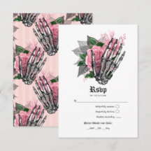 Invitación de boda gótica esqueleto floral rosa