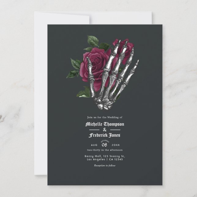 Invitación de boda gótica floral de Borgoña con có (Anverso)