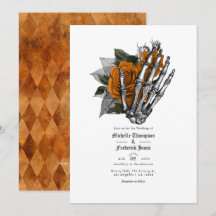Invitación de boda gótica floral naranja con códig
