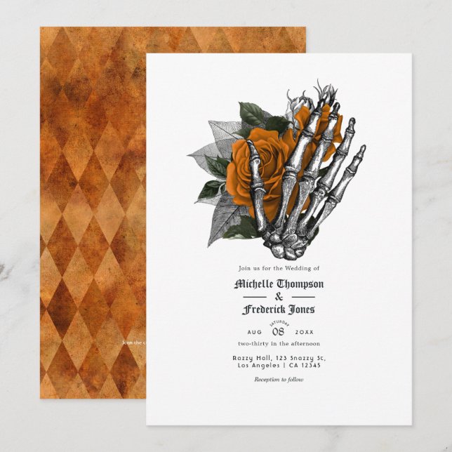 Invitación de boda gótica floral naranja con códig (Anverso / Reverso)