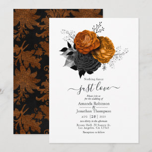 Invitación de boda gótica floral negra y naranja